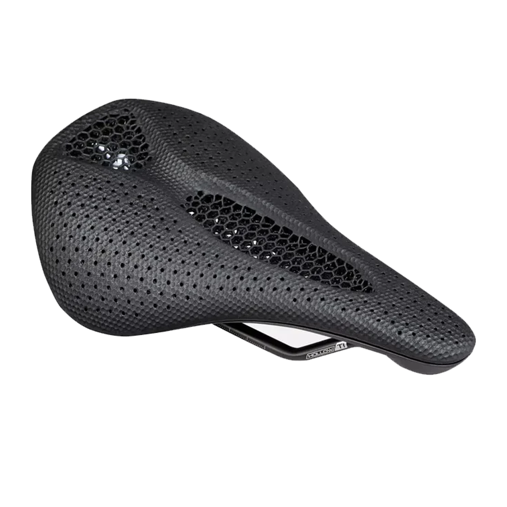A black Specialized Power Pro bicycle saddle with Mirror technology and a carbon fiber base.